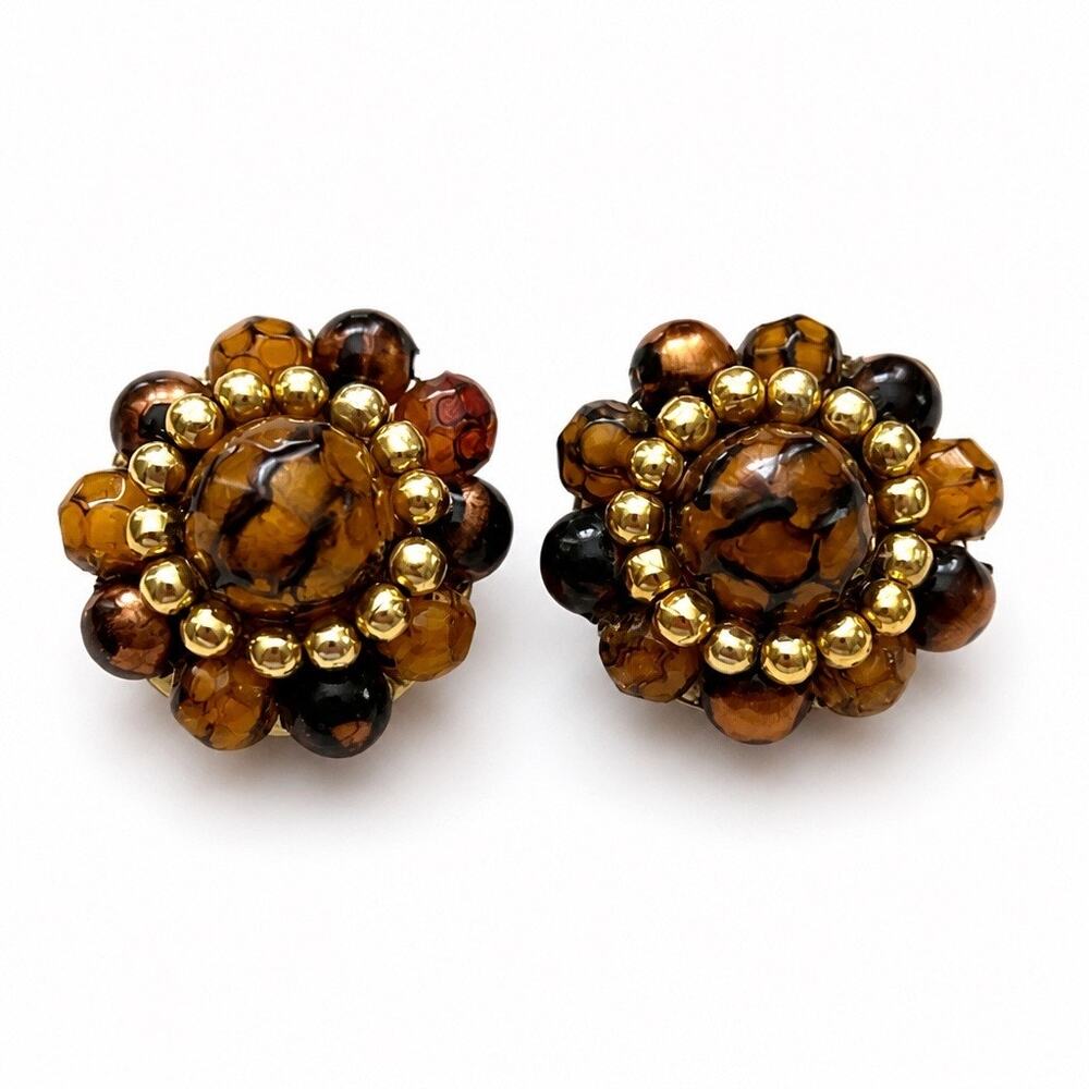 The Tortoiseshell Bead Cluster Clip Earrings-signed Hong Kong
